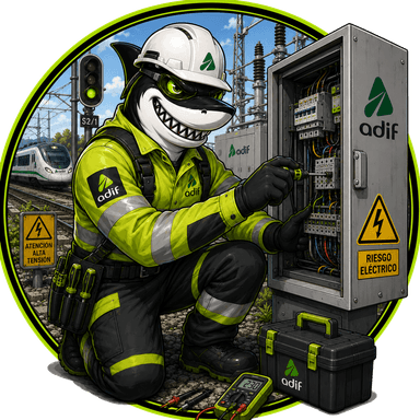 Mascota Oposhark de Montador Eléctrico de Instalaciones de Seguridad / Celador de Línea Electrificada / Subestaciones y Telemandos (Adif)